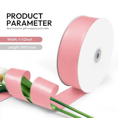 1-1/2 Inch 100 Yards Satin Ribbon Dusty Pink, Solid Color Fabric Ribbon for Gift Wrapping, Wedding, Polyester Gift Ribbon for Birthday Party Decoration, Craft, Hair, Floral, Sewing (300 Foot)