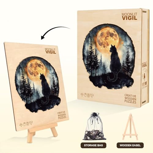 Moon Night Black Cat Puzzles Adults Gifts for Women Men Wooden 100 Pieces 8.5x7.8in