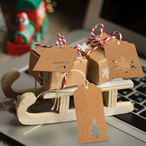 150 Pieces Christmas Paper Gift Tags Brown Kraft Tags Hang Labels Christmas Tree Snowflake Reindeer Design with 30 Meters Jute Twine for Christmas DIY Wrapping Favor Holiday Present (150 Count)