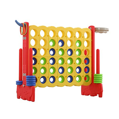 Giant 4-in-a-Row Game with Carry Bag, 3-in-1 Jumbo 4-to-Score Outdoor Yard Game with Basketball Hoop, Ring Toss, Quick-Release Slider, 42 Rings, Family Party Game for Kids & Adults