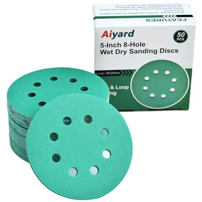 5-Inch 8-Hole Wet Dry Sanding Discs 120 Grit Sandpaper, 50-Pack (50 Count)