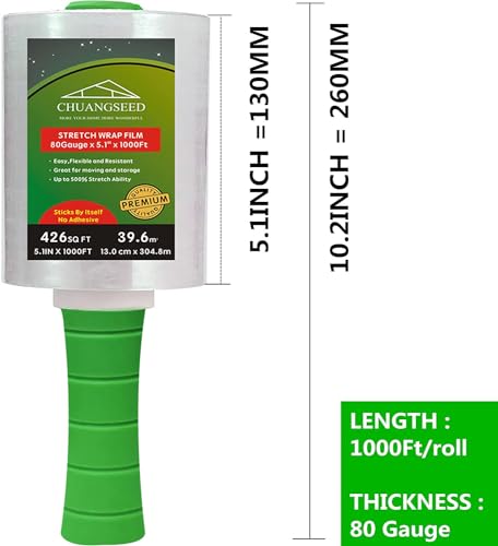 2 Pack Industrial Mini Clear Stretch Wrap Film 80 Gauge 5.1" 1000ft for Pallet Wrap with Plastic Handle