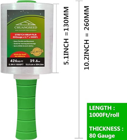 2 Pack Industrial Mini Clear Stretch Wrap Film 80 Gauge 5.1" 1000ft for Pallet Wrap with Plastic Handle