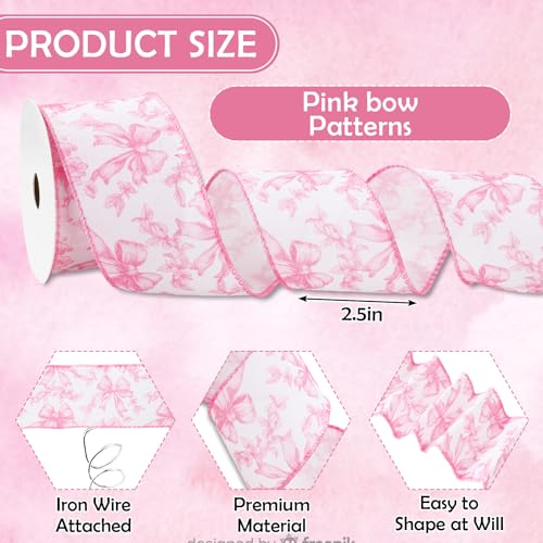 Pink Floral Bow Wired Edge Ribbon Chinoiserie Flower Bowknot Fabric Ribbon for DIY Crafts Wreath Bow Making Supplies