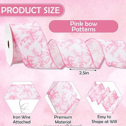 Pink Floral Bow Wired Edge Ribbon Chinoiserie Flower Bowknot Fabric Ribbon for DIY Crafts Wreath Bow Making Supplies