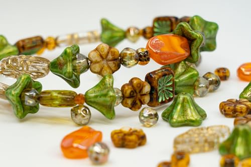 1.4oz (40g) Limited Mix of Czech Glass Beads, Hand Made Set Kit, Green Petunia Beads Orange Table Cut Beads