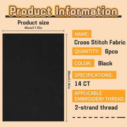 6 Pcs Cross Stitch Fabric 14 Count Black Aida Cloth for Needlework