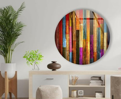 31.5''(80cm) Diameter Colorful Wood Pattern Round Glass Wall Art Tempered Glass Printing Wall Decor Large Wall Art Wall Hangings