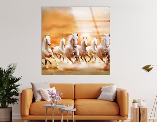 43Wx27H'' White Horses Running on Sunset Glass Wall ArtTempered Glass Printing Wall Decor Large Wall Art Wall Hangings