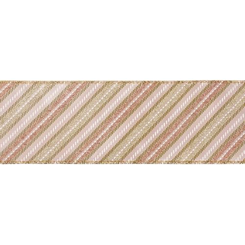 Pink Diagonal Striped Ribbon 2.5 Inch Blue Satin with Rose Gold and Champagne Glitter Wired Ribbon for Christmas Tree (30 Foot)