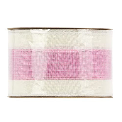 Pink White Stripe Wired Burlap Ribbon with Ivory Stripes Edge (30 Foot)