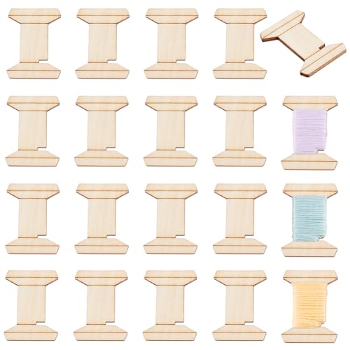 20pcs Thread Organizer Bobbin Winder Embroidery Thread Storage Floss Keeper Knitting Thread Holder Spool Shape Wood Bobbins Card for Sewing Crochet Needlework Tool 1.2x1.5 Inch