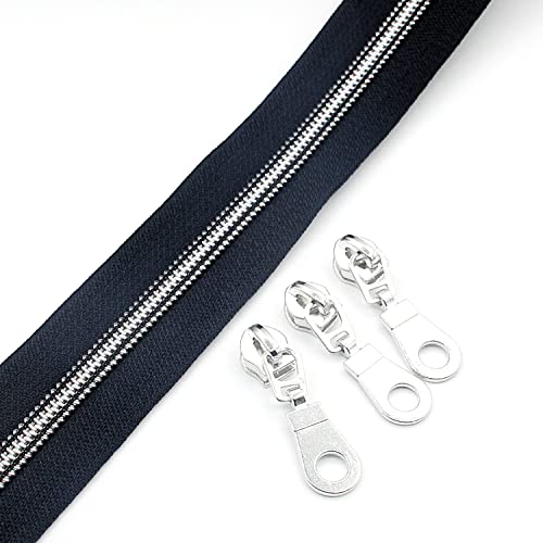 5 Silver Metallic Nylon Coil Zippers by The Yard Bulk 10 Yards Zipper Tape with 25pcs Silver Sliders for DIY Sewing Tailor Craft Bag