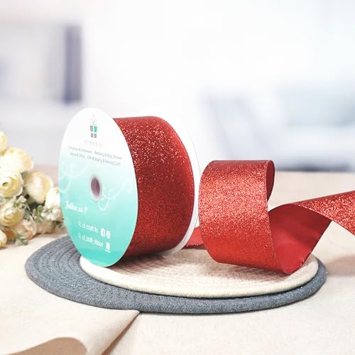 Glitter Wired Ribbon 2.5" x 20 Yards Red for Christmas Home Decor Bow Gift Wrapping DIY Crafts Wreath (60 Foot)