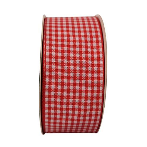 1.5 Inch Red and White Woven Edge 100% Polyester Gingham Ribbon 25 Yards Each Roll (75 Feet)