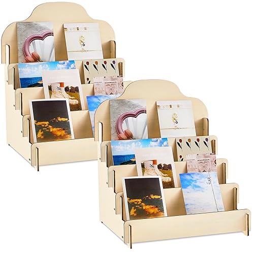 2 Pcs 4 Tier Greeting Card Display Stand Wooden Sticker Display Stand Portable Card Display Rack for Vendors Retail Counter Table Display Trade Shows Showcase