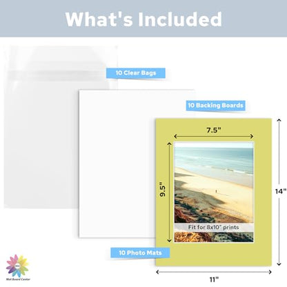 Mat Board Center 10 Pack 11x14 Mat+Backings+Bags for 8x10 Photo Mix Color