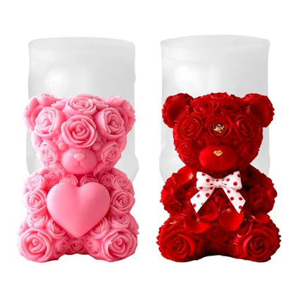 2PCS 3D Rose Bear Silicone Candle Mold Set for Candle Resin Valentine Gift (2 Count)