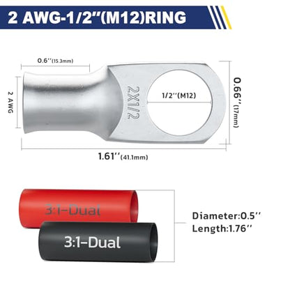 20PCS Battery Cable Lug & Heat Shrink Kit 2 AWG 1 (10 Count)