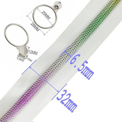 5 Rainbow Teeh Metallic Nylon Coil Zippers by The Yard Bulk 10 Yards White Zipper Tape with 25pcs Silver Ring Pull Sliders for DIY Sewing Tailor Craft Bag