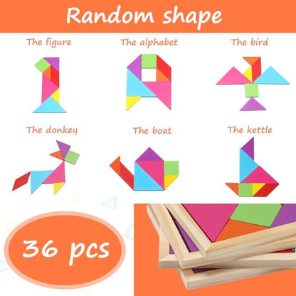 36 Pack Wooden Tangram Puzzles for Kids (36 Count)