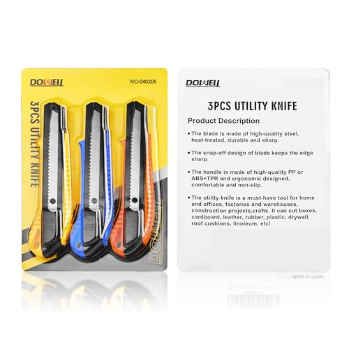 Box Cutter Utility Knife Retractable Snap Off Blades Hobby Knife 3 Pack for Cutting Cardboard Boxes Leather