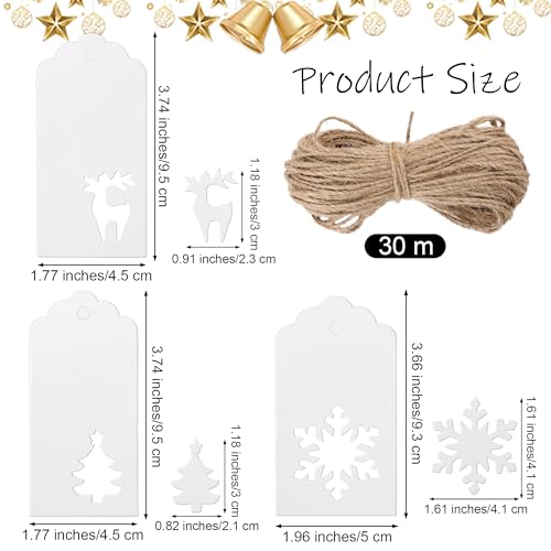 150 Pieces Christmas Paper Gift Tags White Kraft Tags Hang Labels Christmas Tree Snowflake Reindeer Design with 30 Meters Jute Twine for Christmas DIY Wrapping Favor Holiday Present