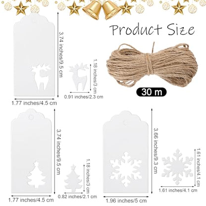 150 Pieces Christmas Paper Gift Tags White Kraft Tags Hang Labels Christmas Tree Snowflake Reindeer Design with 30 Meters Jute Twine for Christmas DIY Wrapping Favor Holiday Present
