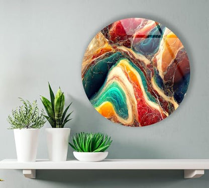 20''(50cm) Diameter Colorful Marble Swirl Round Wall Art Abstract Glass Decor with Earthy Tones & Gemstone Texture