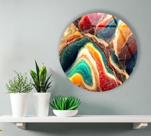 10''(25cm) Diameter Colorful Marble Swirl Round Wall Art Abstract Glass Decor with Earthy Tones & Gemstone Texture