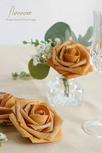 Artificial Flowers 25pcs Real Looking Gold Foam Fake Roses with Stems for DIY Wedding Bouquets Bridal Shower Centerpieces Party Decorations (25 Count)