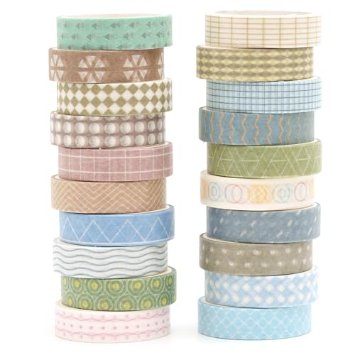 20 Rolls Basic Washi Tape Set Japanese Arts Adhesive Tapes Simple Patterns Decorative Masking Tape Sets for Craft (20 Count)
