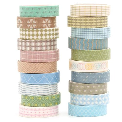 20 Rolls Basic Washi Tape Set Japanese Arts Adhesive Tapes Simple Patterns Decorative Masking Tape Sets for Craft (20 Count)