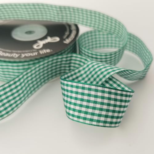 Green and White Woven Edge Plaid Ribbon 100% Polyester Gingham Ribbon 25 Yards Each Roll (75 Foot)
