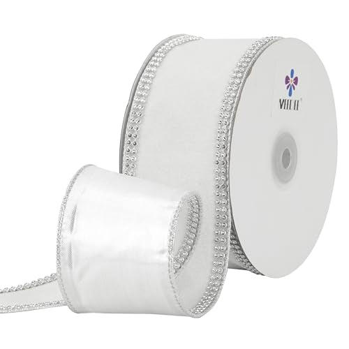 White Velvet with Rhinstone Edge Wired Ribbon 2.5 Inch Luxury Jeweled Ribbon 5 Yards Sparkling Rhinestone Trim for Christmas Tree (15 Foot)
