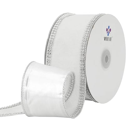 White Velvet with Rhinstone Edge Wired Ribbon 2.5 Inch Luxury Jeweled Ribbon 5 Yards Sparkling Rhinestone Trim for Christmas Tree (15 Foot)