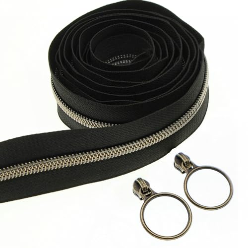 5# Black Nylon Zipper Tape Brass Teeth 10 Yards Continuous Zipper with 25 pcs Ring Pull Silders Bulk