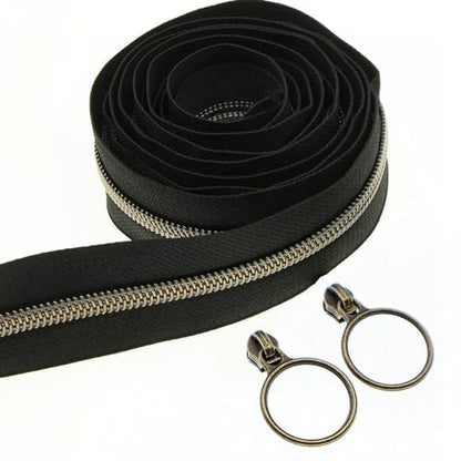 5# Black Nylon Zipper Tape Brass Teeth 10 Yards Continuous Zipper with 25 pcs Ring Pull Silders Bulk