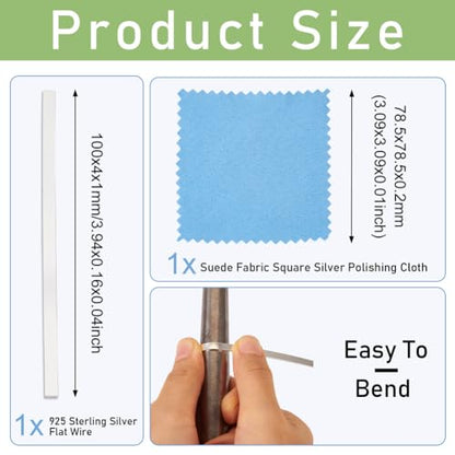 1pc 4mm Sterling Silver Rectangle Flat Wire 0.3 Feet Bezel Wire Dead Soft Metal Wire with 1pc Cleaning Cloth for Stone Cabochon Rings Bangles Jewelry Making Stamping