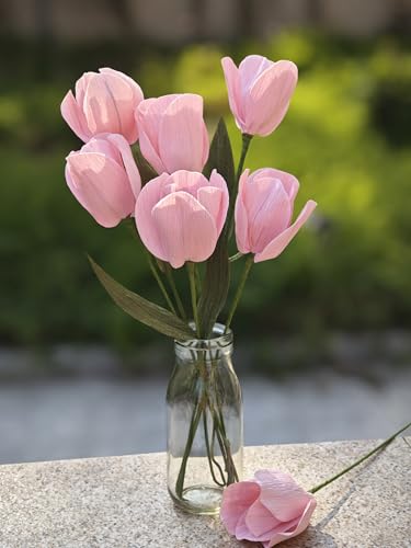 Pink Crepe Paper Tulip for Home Decor DIY Kit with Floral Tape & 12 Wire Stems DIY Craft Projects Crepe Paper Flower (217 Count)