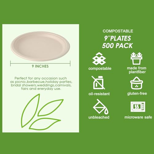 500 Pack Compostable Bagasse Paper Plates 9 inch (500 Count)