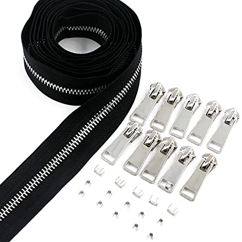5 Metal Zippers by The Yard Bulk 2 Yards Black Tape with 10 pcs Sliders Silver Teeth Handmade Zipper for Sewing Craft Bag Backpack