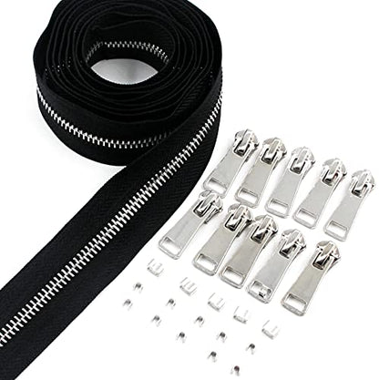 5 Metal Zippers by The Yard Bulk 2 Yards Black Tape with 10 pcs Sliders Silver Teeth Handmade Zipper for Sewing Craft Bag Backpack