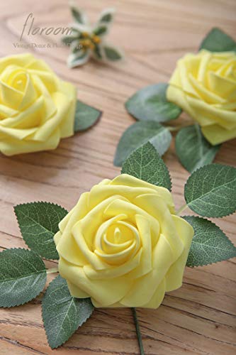 Artificial Flowers 25pcs Real Looking Canary Yellow Foam Fake Roses with Stems for DIY Wedding Bouquets Baby Shower Centerpieces Floral Arrangements Party Tables Home Decorations (25 Count)