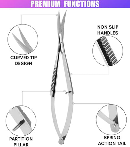 Cross Edge Curved Spring Scissors 5 Inch Stainless Steel Precision Eyebrow & Eyelash Shaping & Trimming Scissor