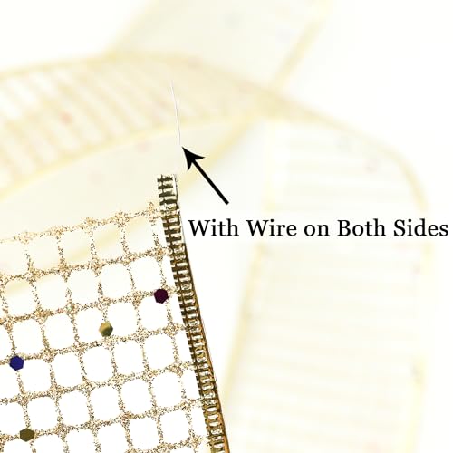 Champagne Gold Glitter Christmas Ribbon 2.5 Inch Square Mesh Net Wired Ribbons with Rainbow Sparkle Champagne Ribbon for Christmas Tree Decoration (30 Foot)