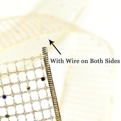 Champagne Gold Glitter Christmas Ribbon 2.5 Inch Square Mesh Net Wired Ribbons with Rainbow Sparkle Champagne Ribbon for Christmas Tree Decoration (30 Foot)
