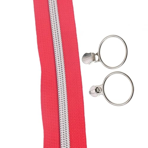 5 Silver Metallic Teeth Nylon Coil Zippers by The Yard Bulk 10 Yards Red Zipper Tape with 25pcs Silver Ring Pull Sliders for DIY Sewing Tailor Craft Bag (25 Count)