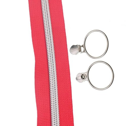 5 Silver Metallic Teeth Nylon Coil Zippers by The Yard Bulk 10 Yards Red Zipper Tape with 25pcs Silver Ring Pull Sliders for DIY Sewing Tailor Craft Bag (25 Count)