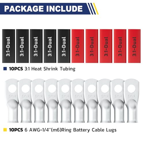 20PCS Battery Cable Lug & Heat Shrink Kit 6 AWG 1